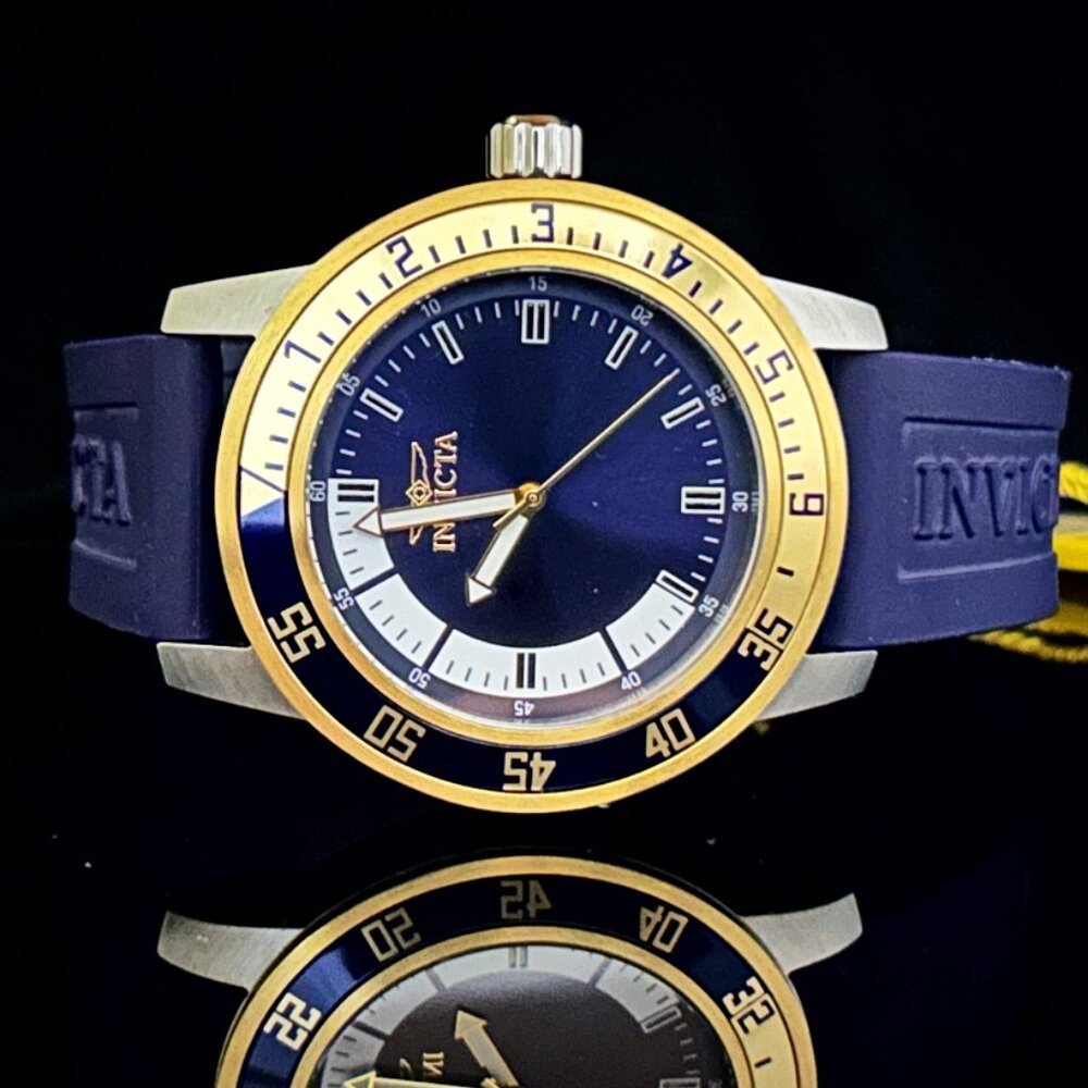 Invicta Men SPECIALTY 18K GOLD PLATE SILVER BLUE DIAL Strap 45mm Stylish Watch